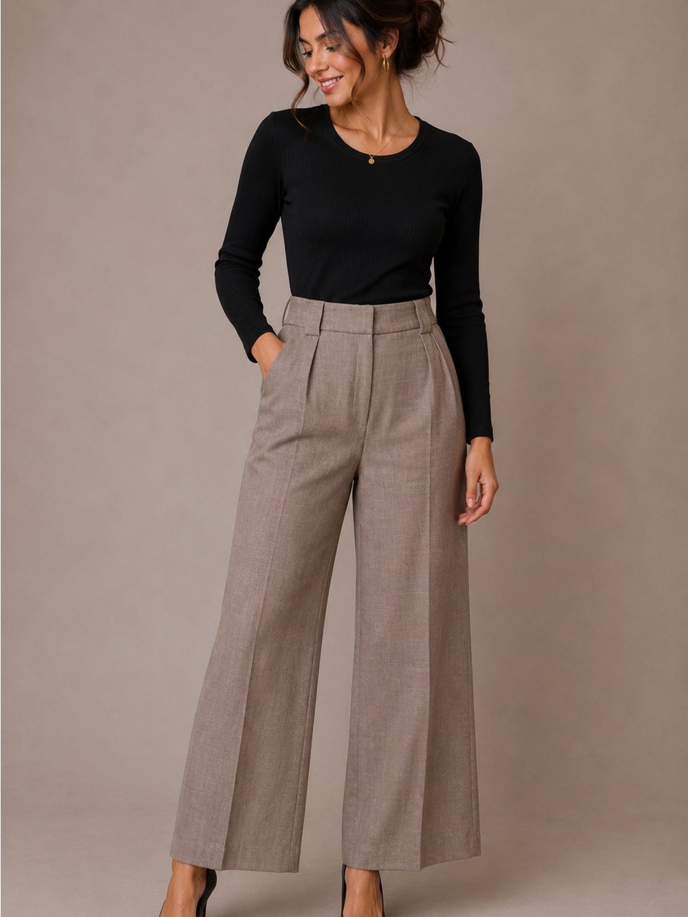 Express Wide Leg High-Rise Trousers - Taupe